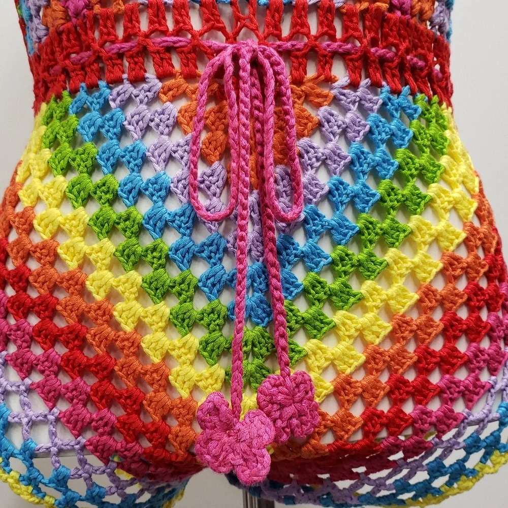 Color Block Open Knit Tassel Tie Backless Knot Waist Cami Romper Women's Size 6 - Picture 4 of 13